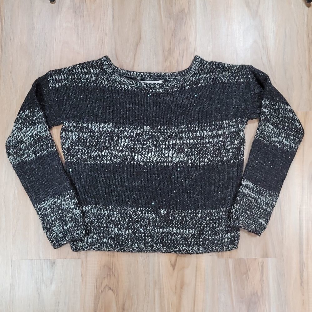 💜Loft Black & Gray Sparkly Colorblock Alpaca & Wool Cropped Sweater Medium